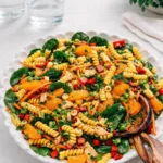 A vibrant bowl of Asian Pasta Salad with mandarin oranges and almonds.