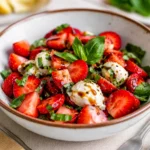 Balsamic Strawberry Caprese Salad on a white platter with balsamic glaze.
