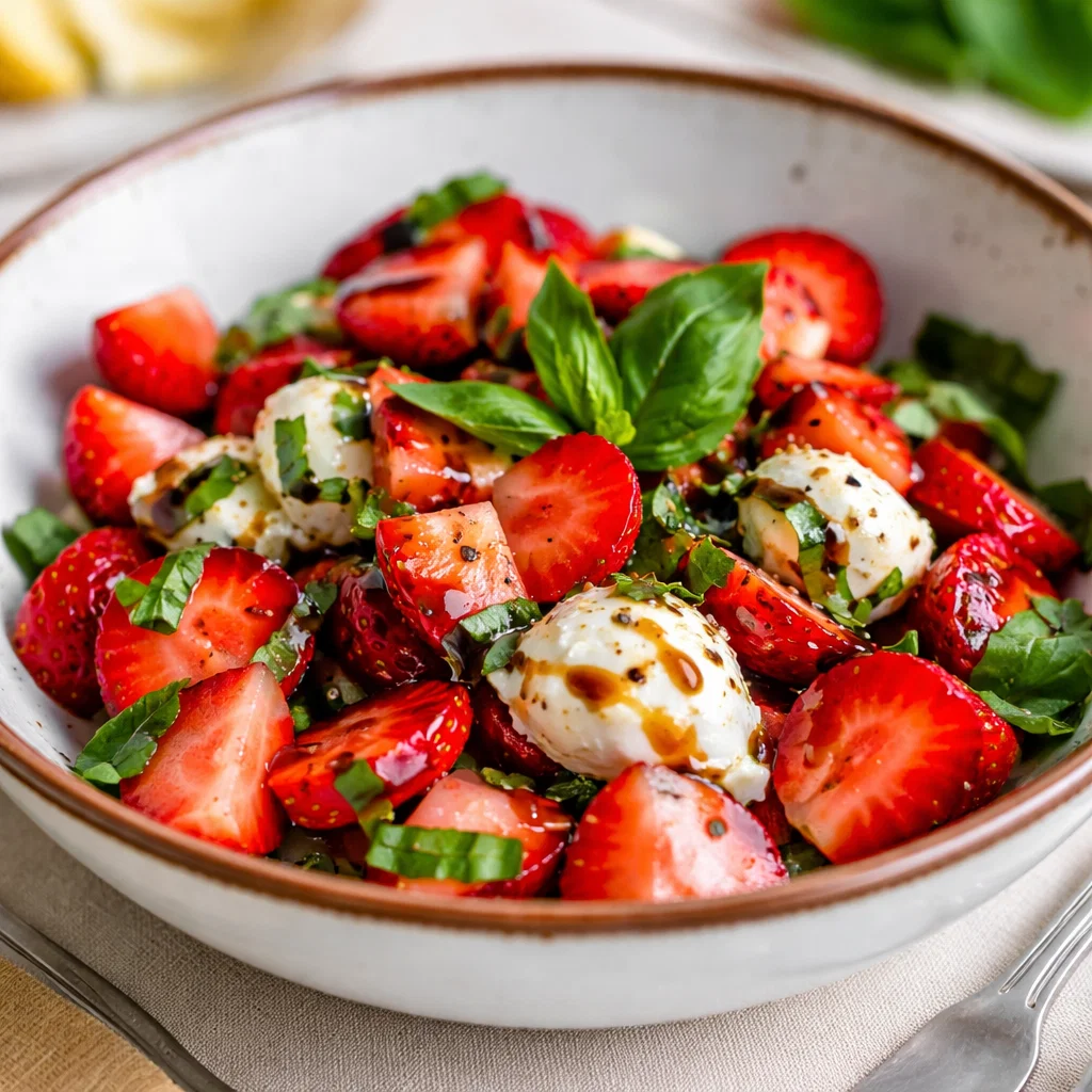 Balsamic Strawberry Caprese Salad on a white platter with balsamic glaze.