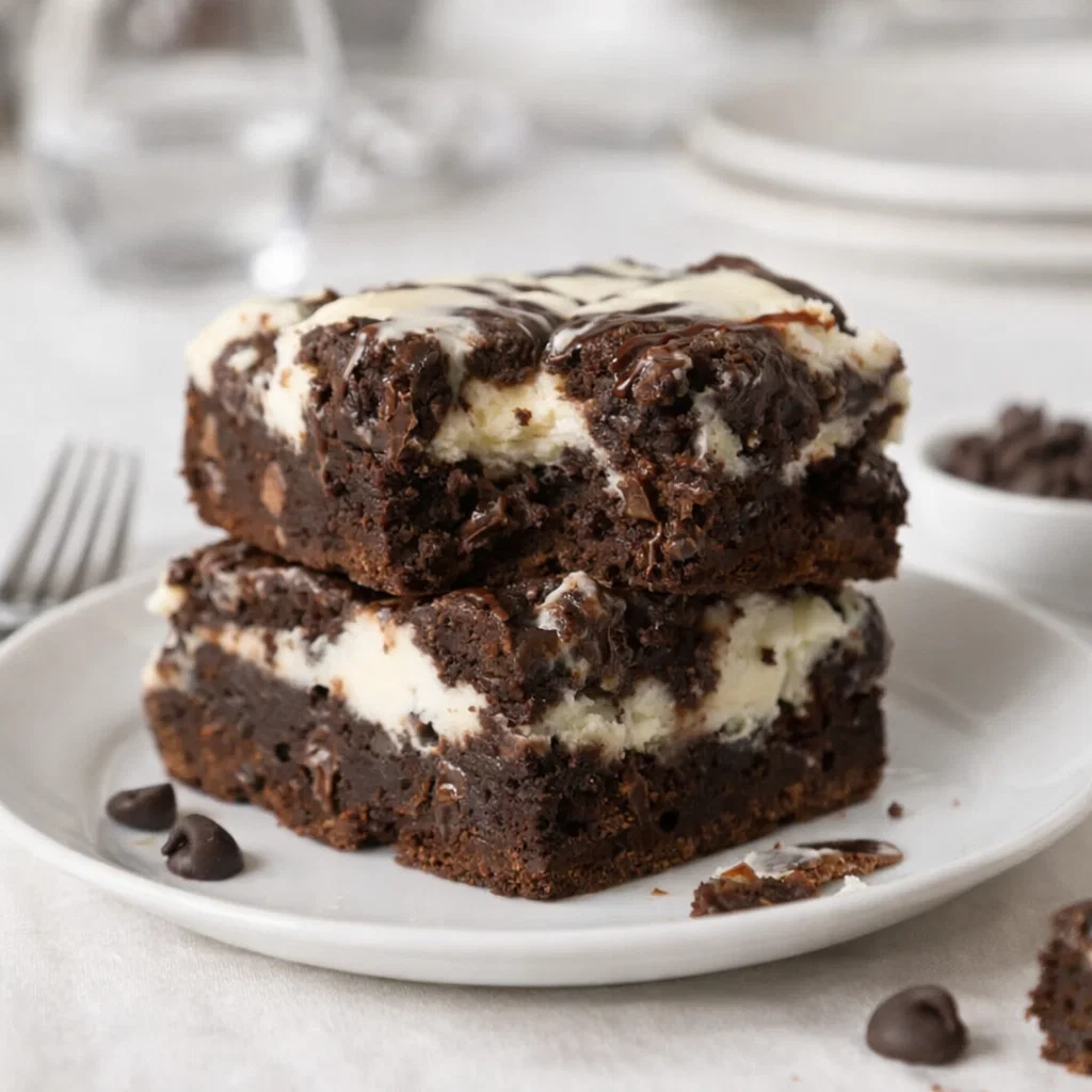 A stack of fudgy Cream Cheese Brownies with white cheesecake swirls.