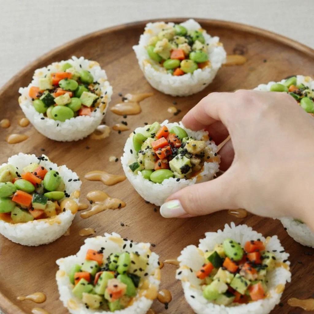 A platter of colorful Sushi Cups with spicy mayo and sesame seeds.