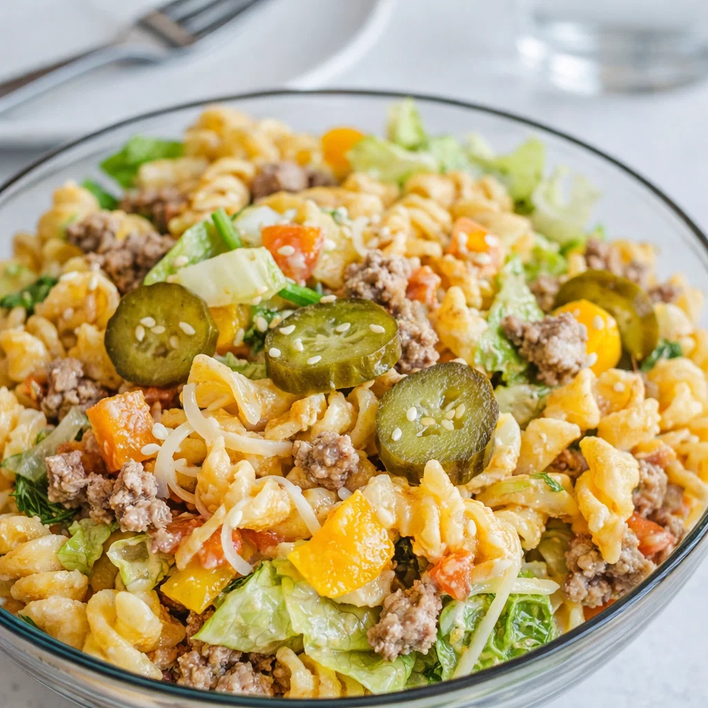 A large bowl of Big Mac Pasta Salad with creamy dressing and sesame seeds.