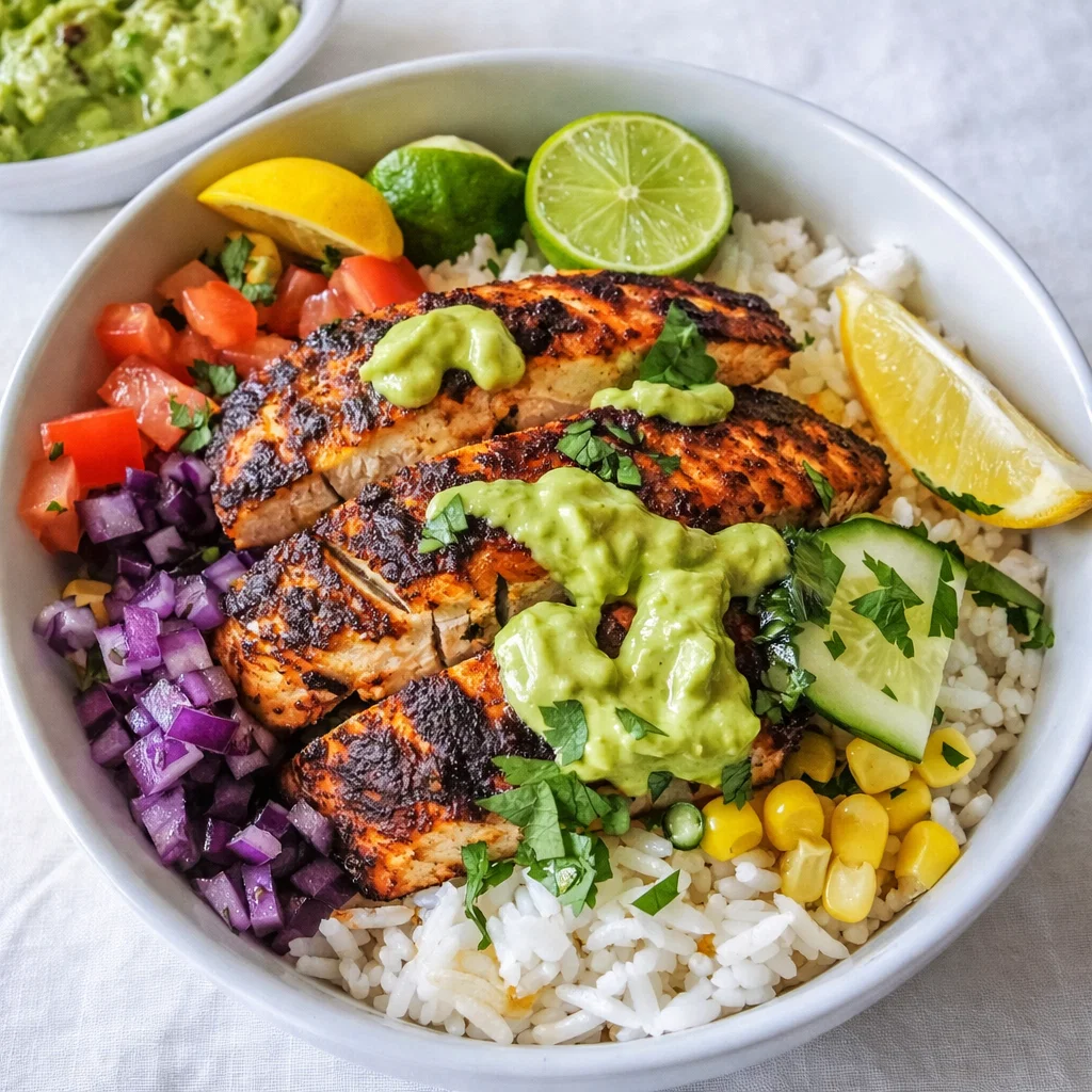 A vibrant Blackened Fish Taco Bowl with avocado and lime crema.