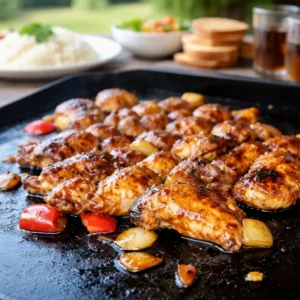 A close-up of finished Blackstone Bourbon Chicken On The Griddle with green onions.