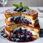 Blueberry Cheesecake Stuffed French Toast with maple syrup and berries