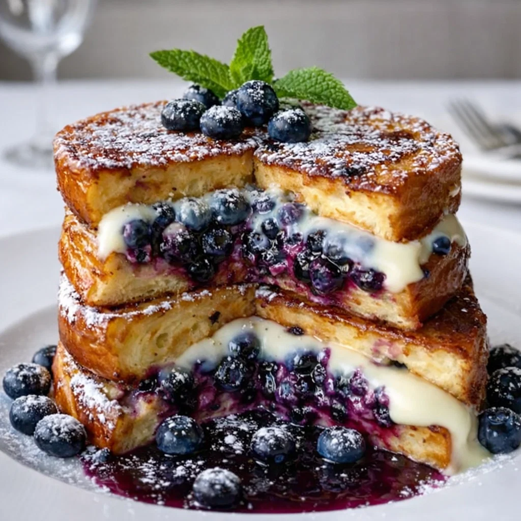 Blueberry Cheesecake Stuffed French Toast with maple syrup and berries