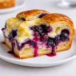 Golden brown Blueberry Cream Cheese Croissant Casserole with fresh berries