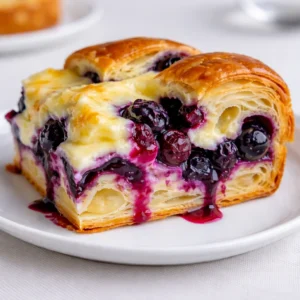 Golden brown Blueberry Cream Cheese Croissant Casserole with fresh berries
