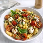 Caprese Pasta Salad with Balsamic Glaze in a white bowl on a wooden table