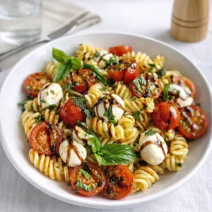 Caprese Pasta Salad with Balsamic Glaze in a white bowl on a wooden table
