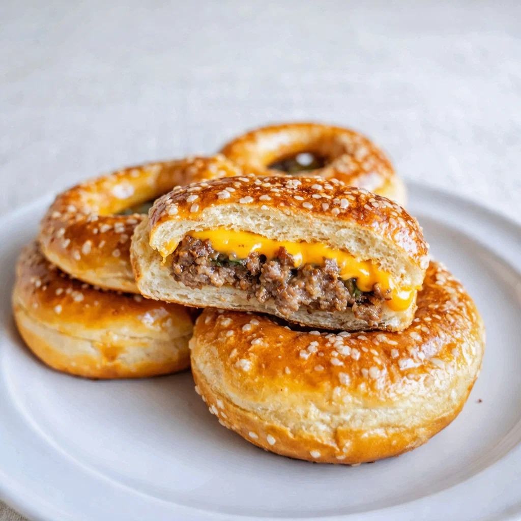 A pile of golden Cheeseburger Pretzel Bombs with melty cheese.