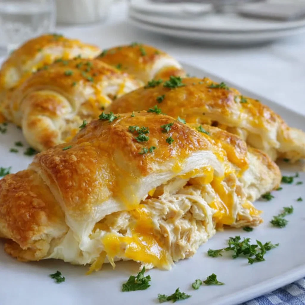 Golden brown Cheesy Chicken Crescent Rolls with melted cheese filling