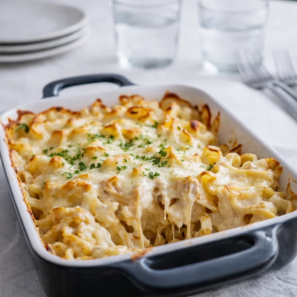 Golden bubbly chicken alfredo casserole in a white baking dish