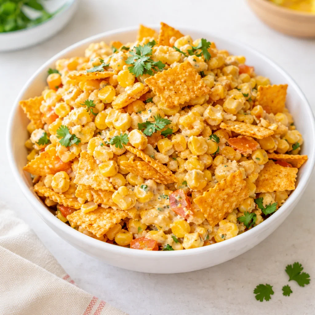 A vibrant Chili Cheese Fritos Corn Salad in a white bowl.