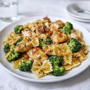 A bowl of Cowboy Butter Lemon Bowtie Chicken with broccoli and parmesan.