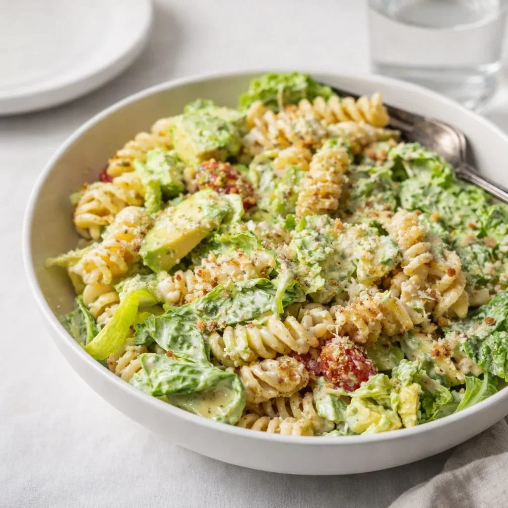 A large bowl of Creamy Caesar Pasta Salad with Avocado on a wooden table.