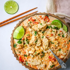 Creamy Coconut Milk Chicken in a bowl with rice and lime