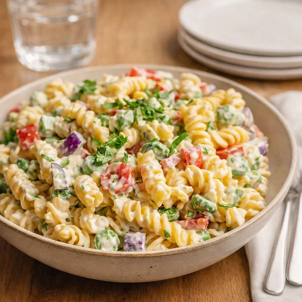 A large bowl of Creamy Pasta Salad with rotini and fresh vegetables.