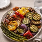 A vibrant bowl of Delectable Grilled Veggies with Marinade showing charred peppers and eggplant.