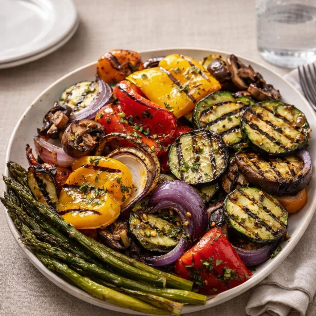 A vibrant bowl of Delectable Grilled Veggies with Marinade showing charred peppers and eggplant.