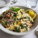 Delicious Lemon Basil Orzo Pasta Salad in a white bowl with fresh ingredients