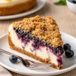 A whole Easy Blueberry Crumble Cheesecake with golden crumble and fresh berries.