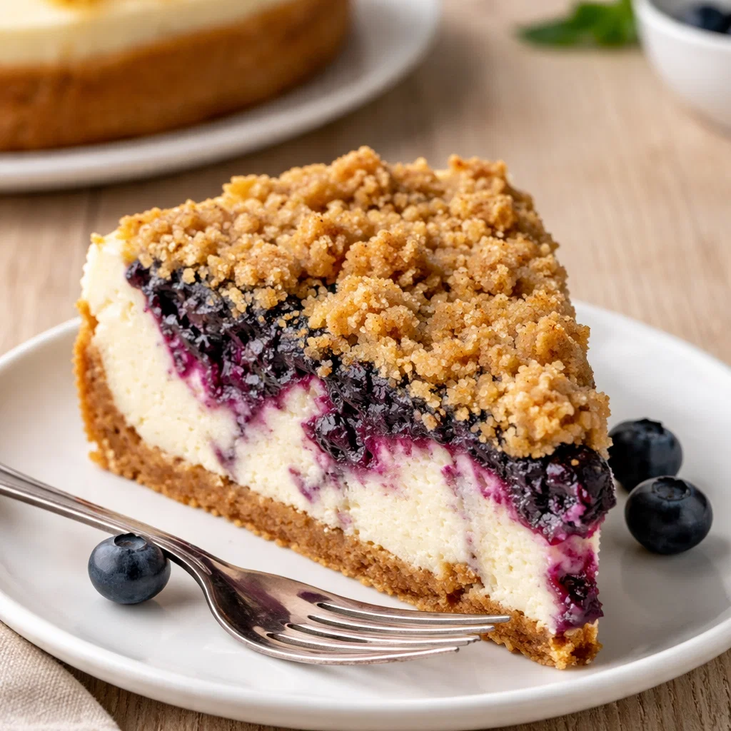 A whole Easy Blueberry Crumble Cheesecake with golden crumble and fresh berries.