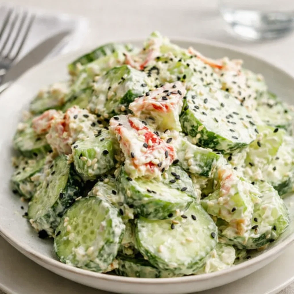 A refreshing bowl of Easy California Roll Cucumber Salad with avocado and crab.
