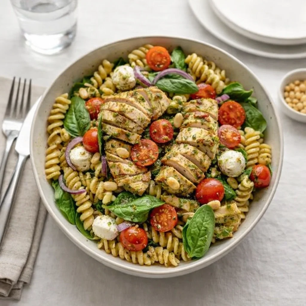 Easy Chicken Pesto Pasta Salad in a white bowl on a wooden table