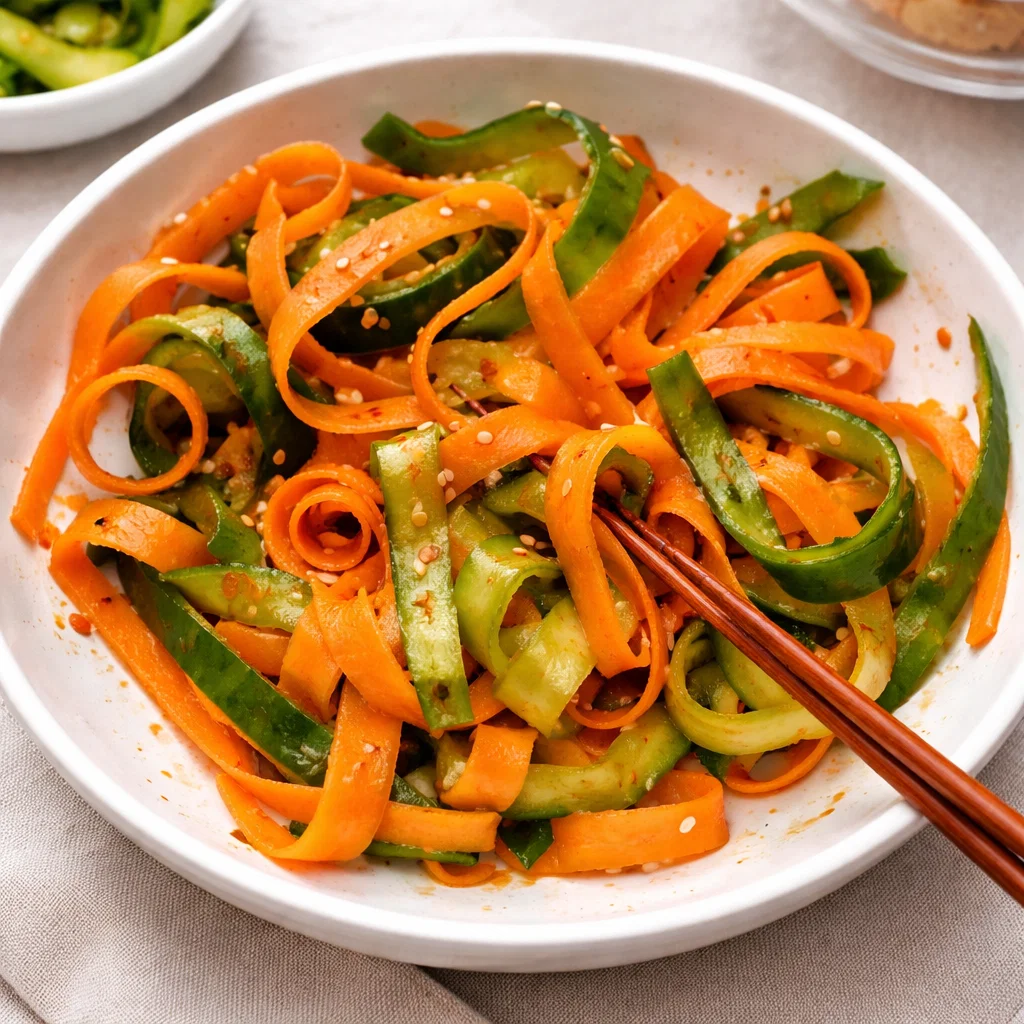 Easy Crunchy Asian Cucumber Carrot Salad in a white bowl