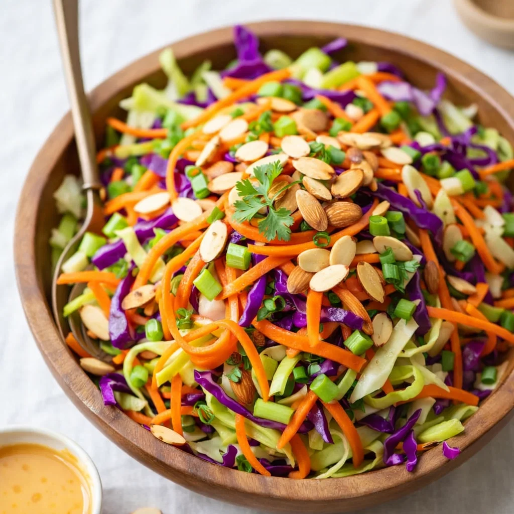 Easy Crunchy Cabbage Salad with Dijon-Lime Dressing in a wooden bowl