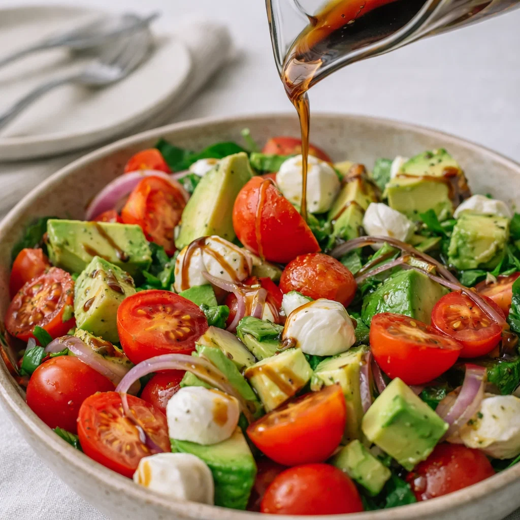 Fresh Easy Cucumber Mozzarella Salad in a white bowl on a wooden table.