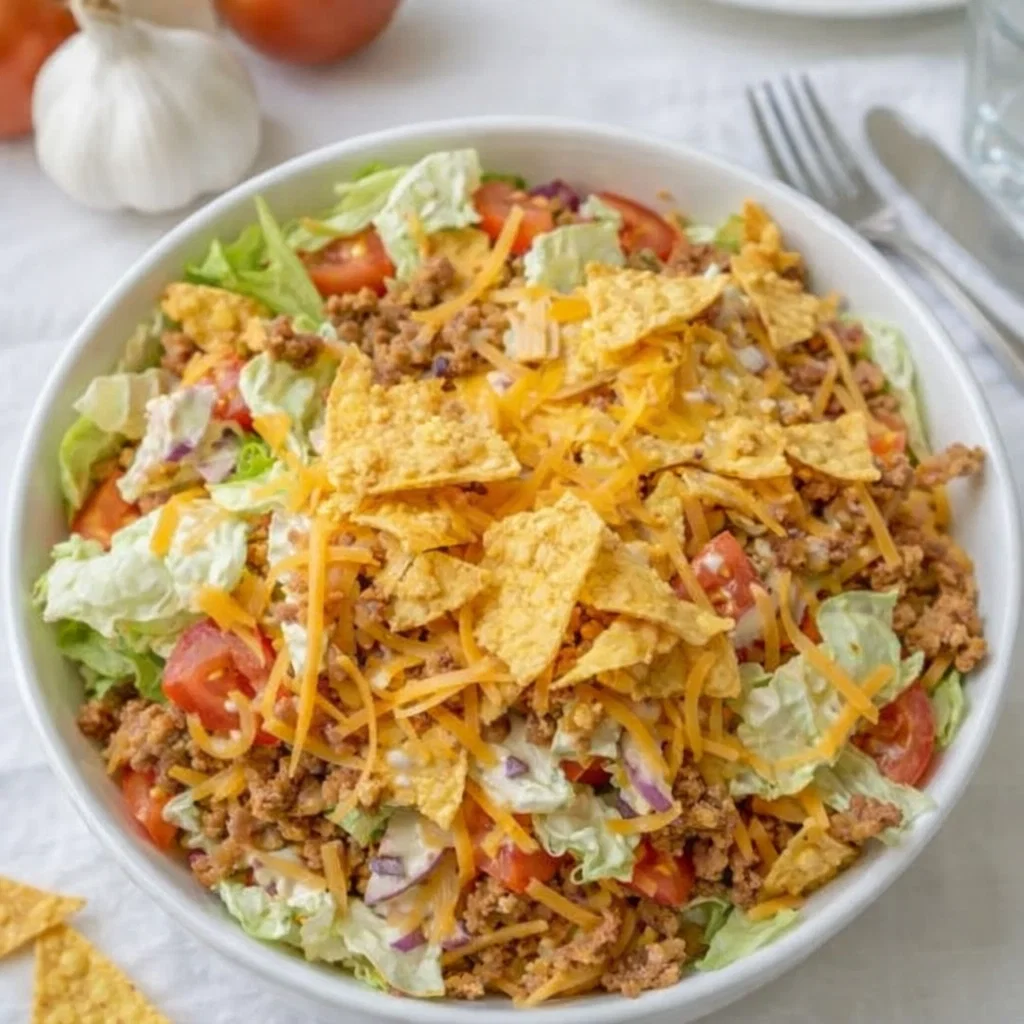 Easy Doritos Taco Salad in a large wooden serving bowl