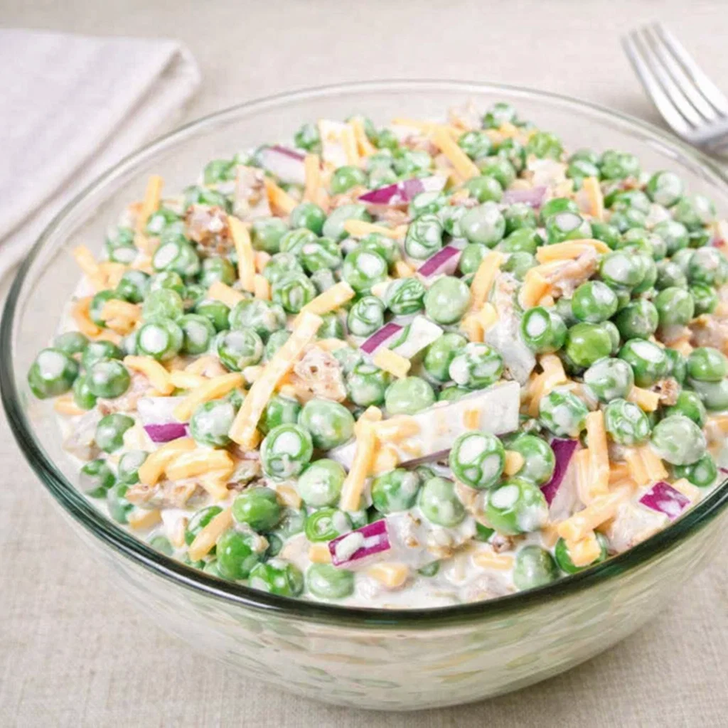 A bowl of creamy Easy English Pea Salad with bacon and cheese