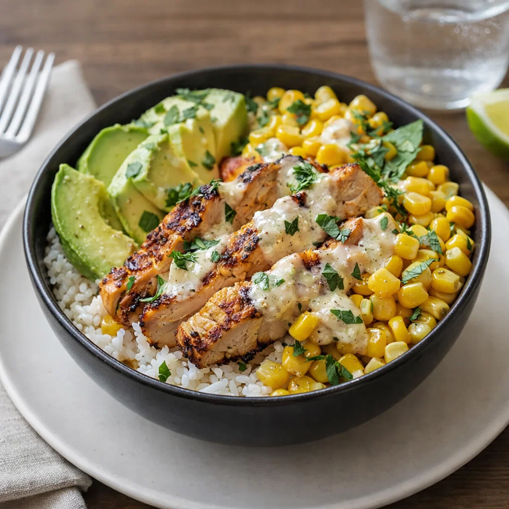 Easy Street Corn Chicken Rice Bowl with charred corn and grilled chicken