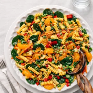 A vibrant bowl of Asian Pasta Salad with mandarin oranges and almonds.