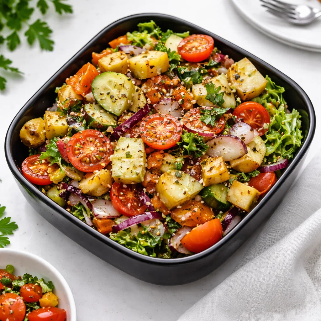 Fresh Garden Salad with tomatoes and cucumbers in a wooden bowl