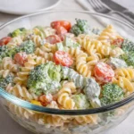 A large bowl of Fresh Ranch Pasta Salad with tricolor rotini and fresh vegetables.