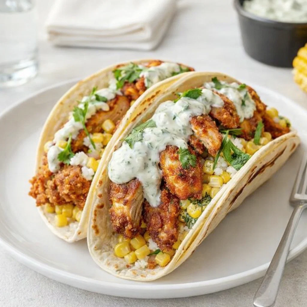 Crispy Fried Chicken Street Corn Taco with Jalapeno Lime Ranch on a wooden serving board