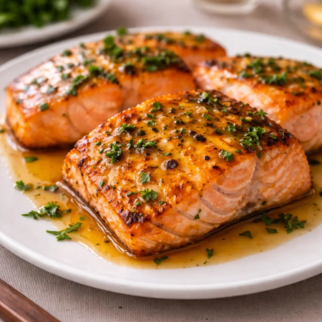 Garlic Butter Honey Baked Salmon fillets on a baking sheet with lemon