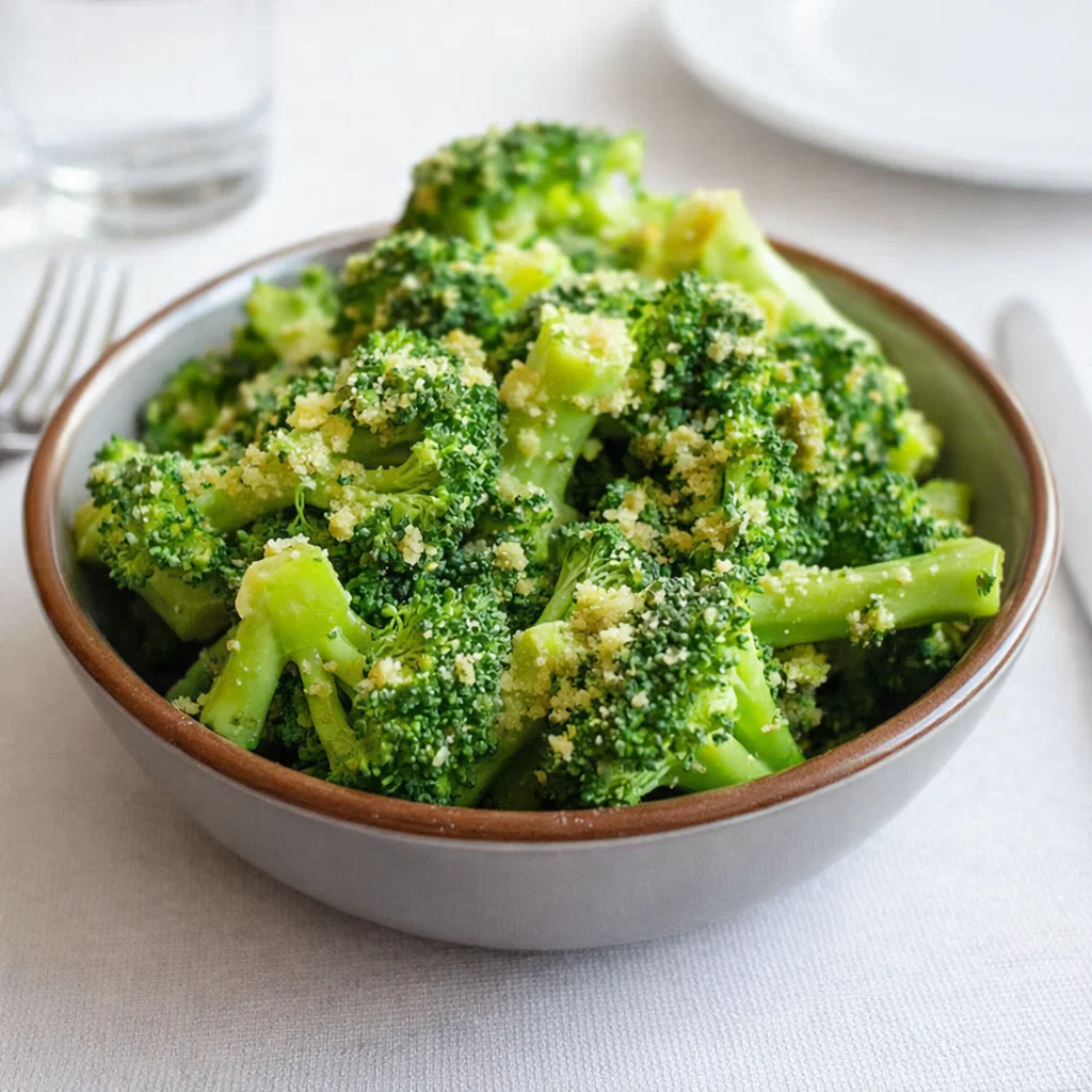 Garlic Parmesan Copycat Longhorn Broccoli in a white bowl on a wooden table.