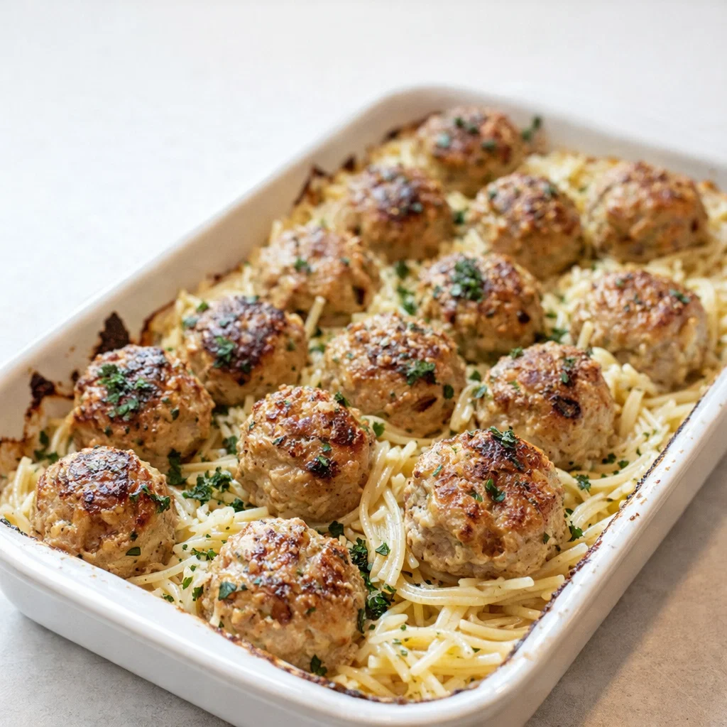 Greek Chicken Meatballs with Lemon Orzo in a ceramic bowl