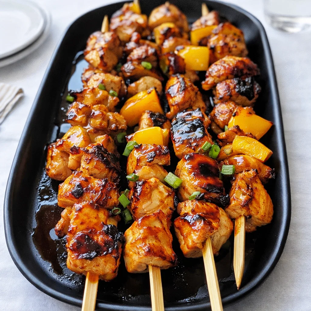 Hawaiian Chicken Skewers on a wooden platter with grilled pineapple and peppers