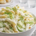 Creamy Healthy Cucumber Pasta Salad with fresh dill in a white bowl