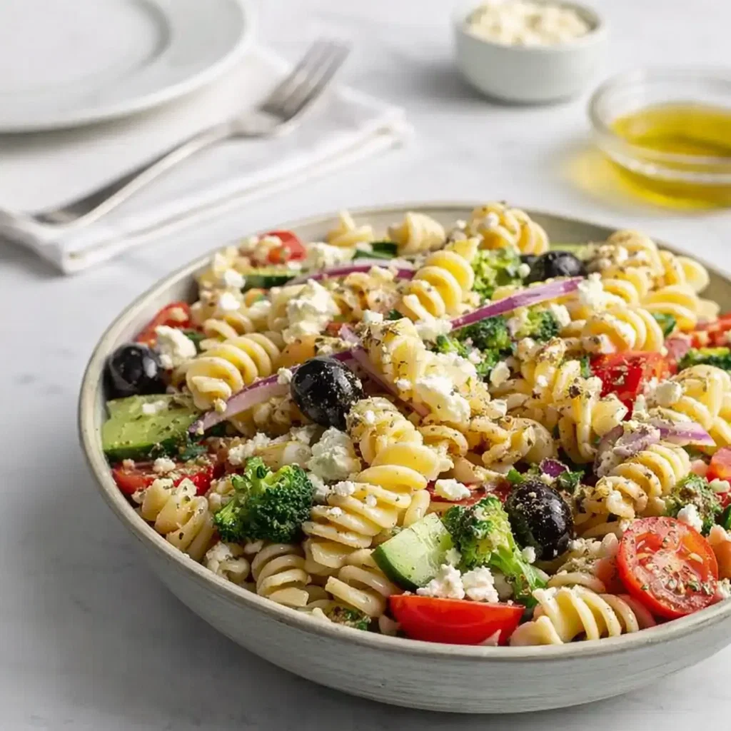 A vibrant bowl of Healthy High Protein Pasta Salad No Mayo with fresh vegetables.