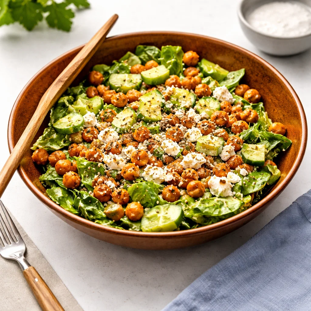 High protein salads with quinoa and chickpeas in a wooden bowl