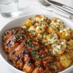 A skillet of Honey BBQ Chicken Potatoes with melted cheese and green onions.