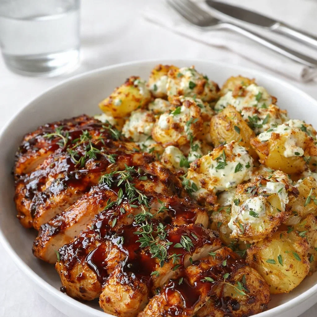 A skillet of Honey BBQ Chicken Potatoes with melted cheese and green onions.