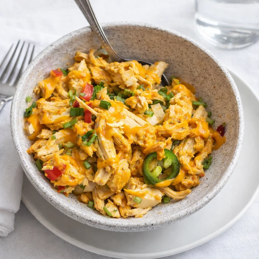 A bubbling Jalapeño Buffalo Chicken Casserole topped with fresh jalapeños