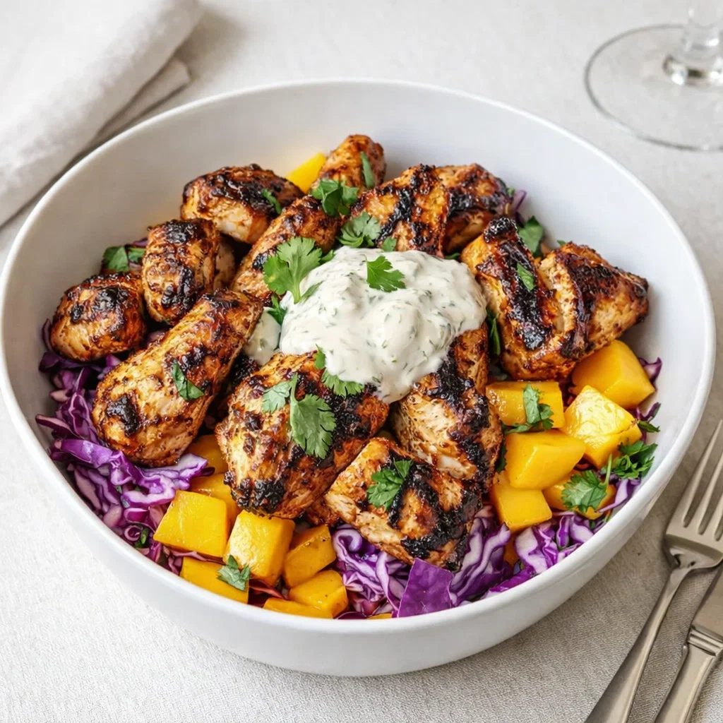 Jerk Chicken and Mango Slaw Bowls with Honey Lime Cream on a wooden table